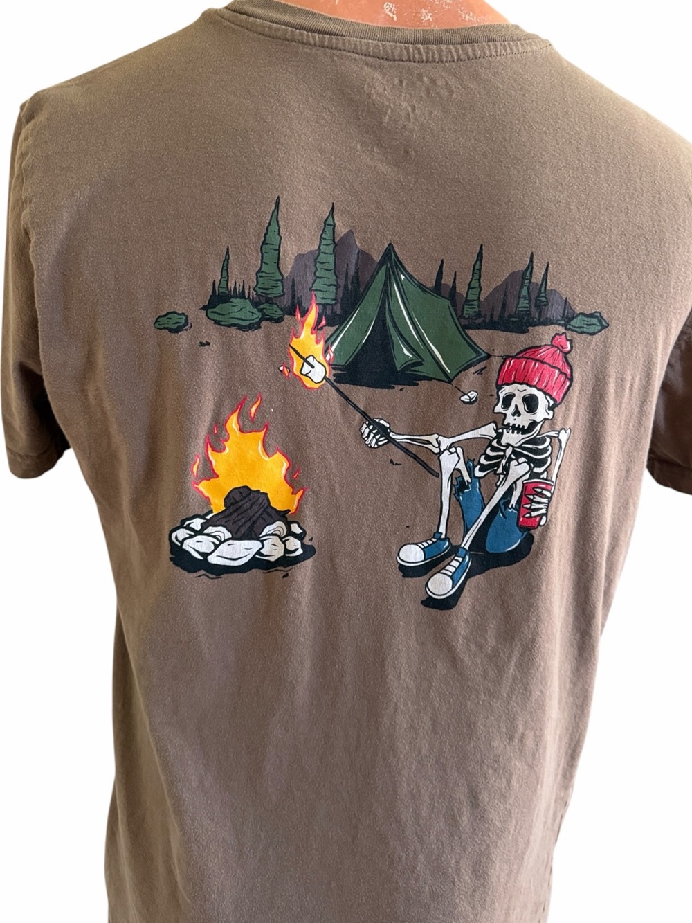 MEN’S TACO TUESDAY BROWN CAMPING SKELETON GRAPHIC T-SHIRT Size L 100% Cotton